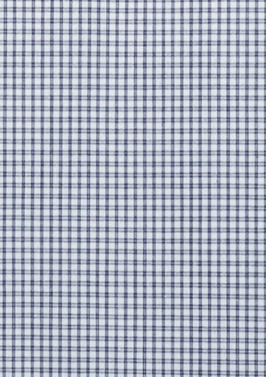 A close-up of a checkered pattern in navy and white, suitable for a women's 3/4 sleeve button-up shirt.
