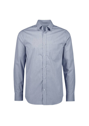 A men's long sleeve button-up shirt in a classic check pattern, featuring shades of blue and white. The shirt has a logo.