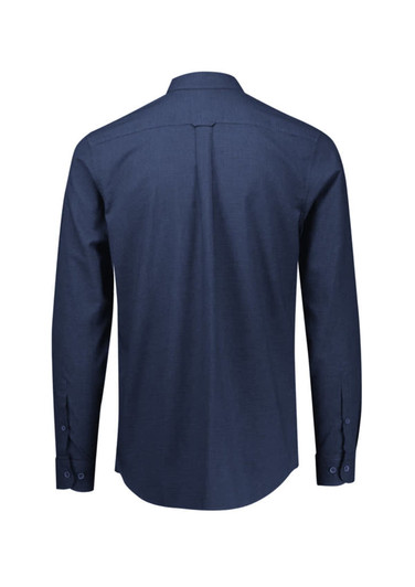 A navy blue long sleeve button-up shirt featuring a back yoke and cuffed sleeves. It has a logo.