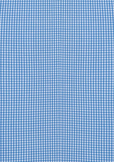 A blue and white checked women's button-up shirt with 3/4 sleeves and a logo.