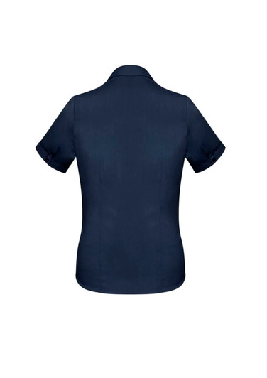 A navy short sleeve button-up shirt featuring a fitted design and rolled sleeve cuffs. It has a logo on the back.