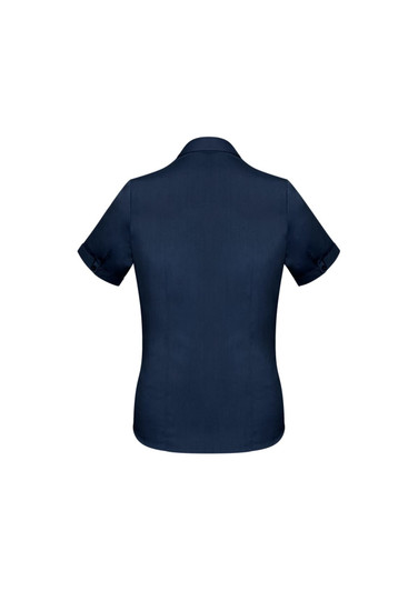 A navy blue women's short sleeve button-up shirt, featuring a smooth fabric and rolled sleeves.