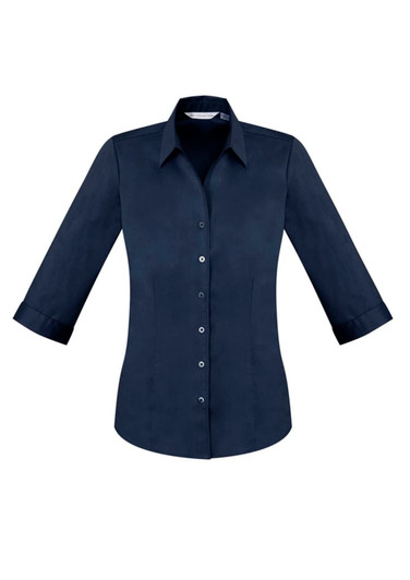 A navy blue ladies' button-up shirt with 3/4 sleeves and a collar, featuring a logo.