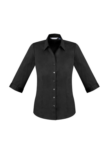 A black women's button-up shirt with 3/4 sleeves and a fitted design, featuring a subtle logo.