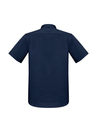 A navy short sleeve button-up shirt with a simple design and a logo on the back.