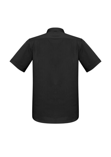 A black short sleeve button-up shirt featuring a back view and a logo.