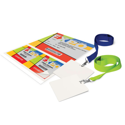 A set of blank name badges with blue and green lanyards and an associated promotional sheet featuring a colourful design.