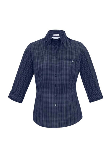 A navy 3/4 sleeve button-up shirt with a checkered pattern and a small chest pocket. It features a branded logo.