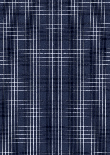 A patterned fabric featuring dark navy and white checked designs, suitable for a button-up shirt.