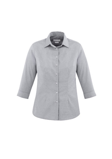 A women's button-up shirt with 3/4 sleeves in a grey check pattern, featuring a classic collar and buttons.