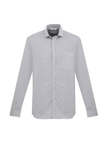 A grey button-up long sleeve shirt featuring a chest pocket and a branded label.