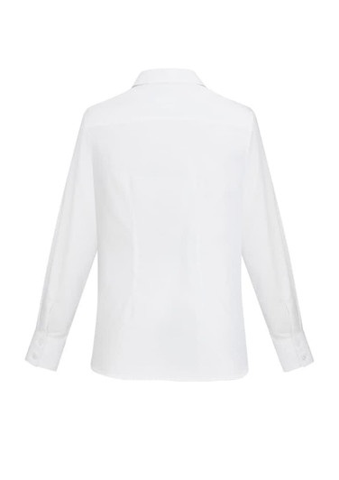 A white women's long sleeve button-up shirt featuring a simple design and a logo on the back.