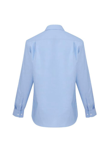 A light blue men's button-up shirt with long sleeves and a classic collar, featuring a logo on the back.