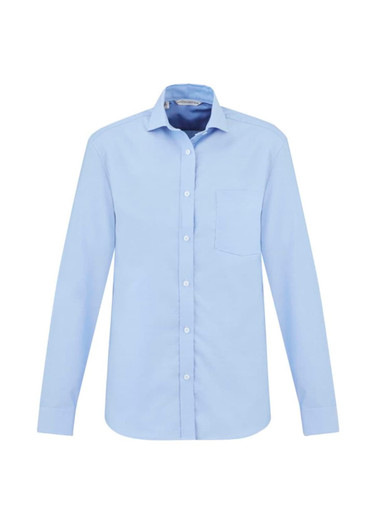 A light blue long sleeve button-up shirt with a chest pocket and a brand logo.