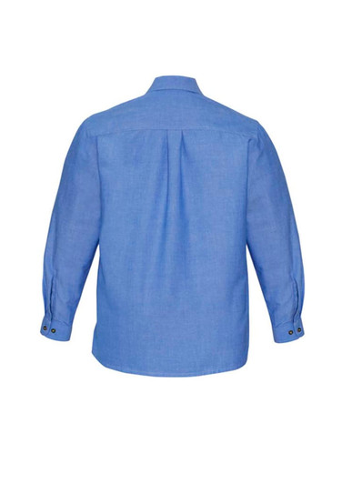 A blue chambray long sleeve shirt featuring button details and a back yoke design. It has a logo on the chest.