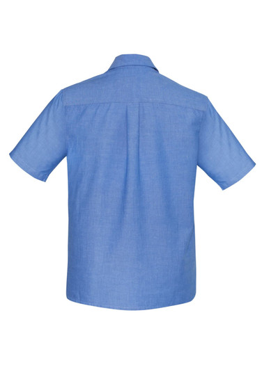 A back view of a short-sleeve men's chambray shirt in light blue, featuring a simple design and a logo.