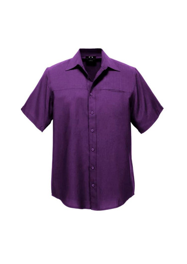 A plain short sleeve shirt in a rich purple hue, featuring a button-up front and a subtle logo.