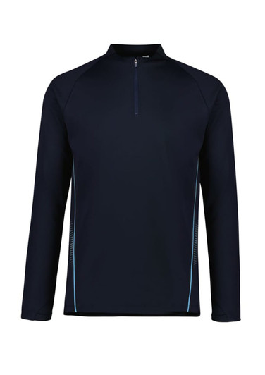 A unisex mid-layer top in navy with a zip collar and light blue detailing, featuring a logo.