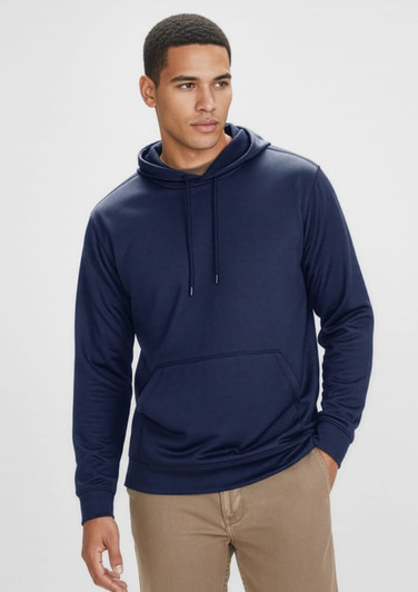 A navy blue men's hoodie featuring a front pocket and a drawstring hood, with a logo on the chest.