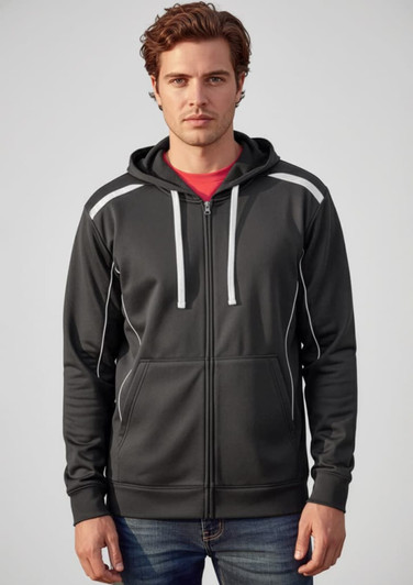 A men's black hoodie with a zip front, featuring contrasting details and an attached hood. Includes branding.