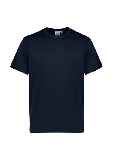 A navy short sleeve tee featuring a simple design and a logo on the tag.
