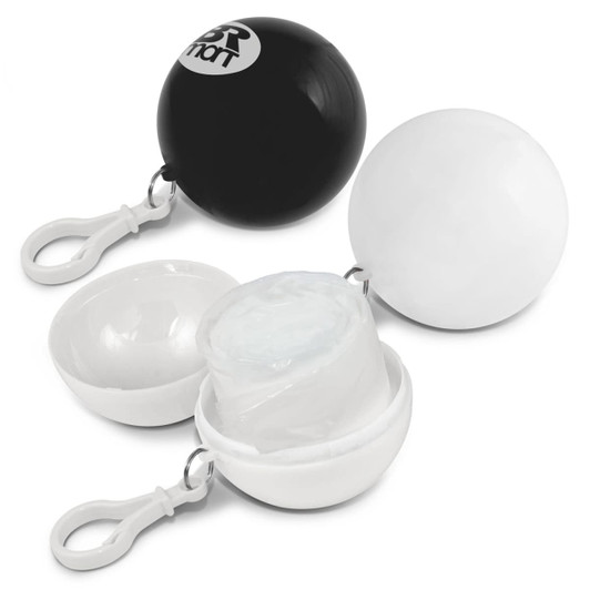 A black and white ball-shaped container with a clip, featuring a logo, that holds a raincoat inside.