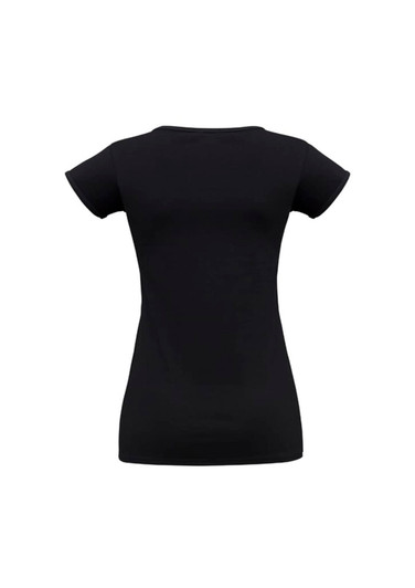 A black women's short sleeve tee, featuring a fitted design and a simple style. Includes a logo on the back.