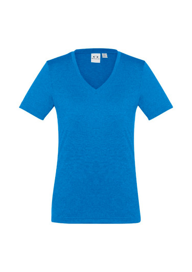 A blue short sleeve women's tee with a V-neck design and a logo on the label.