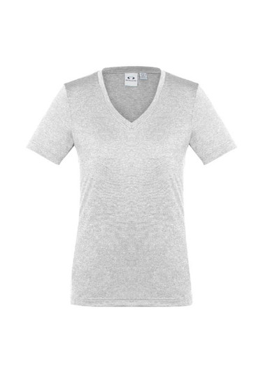 A women's short sleeve tee in light grey with a V-neck design and a logo.