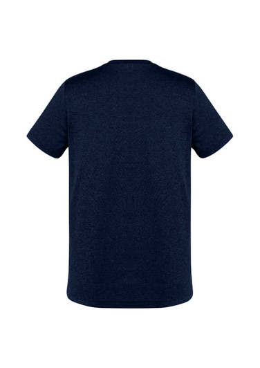 A navy blue short sleeve tee with a simple design and a logo on the back.