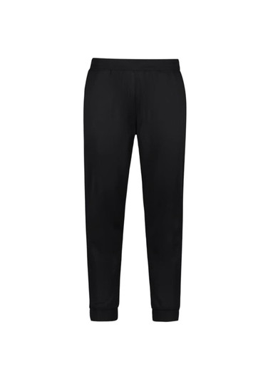 A pair of black track pants with a waistband and cuffs at the ankles, featuring a logo.