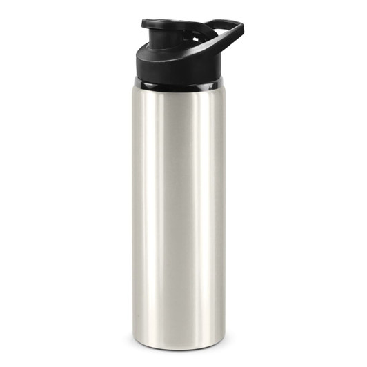 A drink bottle in silver stainless steel with a black snap cap and a handle. It features a logo on the side.