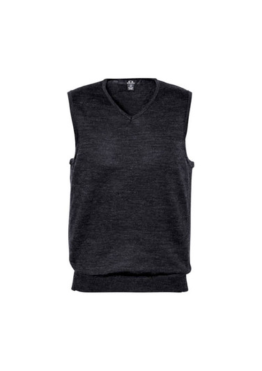 A dark grey men's vest with a V-neck design, featuring a ribbed hem and armholes, and has a logo.