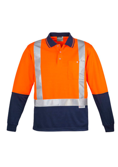A long sleeve polo shirt featuring orange and navy colours with reflective tape accents and a chest pocket.