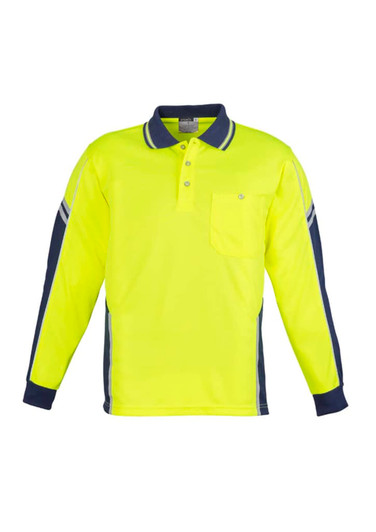 A long sleeve polo in bright yellow and navy, featuring a collar, a pocket, and logo branding.