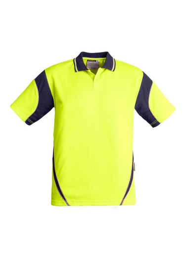 A bright yellow and navy short sleeve polo shirt with a logo on the chest.