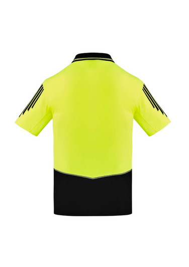 A short-sleeve polo shirt in high visibility yellow and black, featuring a logo and a contrasting design.