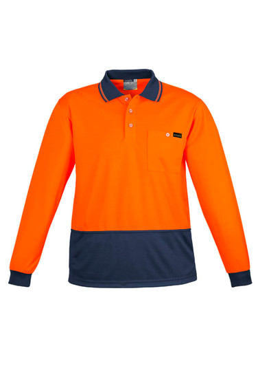 Hi-vis long sleeve polo shirt in bright orange with a navy blue bottom portion and a pocket. Features a logo.