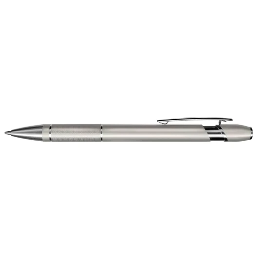 A sleek metal pen named Centra Pen, featuring a smooth silver finish and a textured grip for enhanced writing comfort.