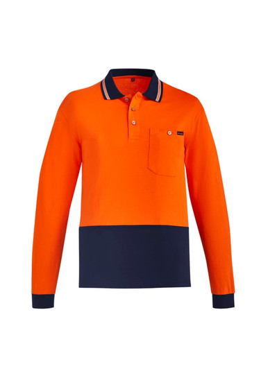A long sleeve polo shirt in orange with a navy bottom and contrast detailing, featuring a pocket and a logo.
