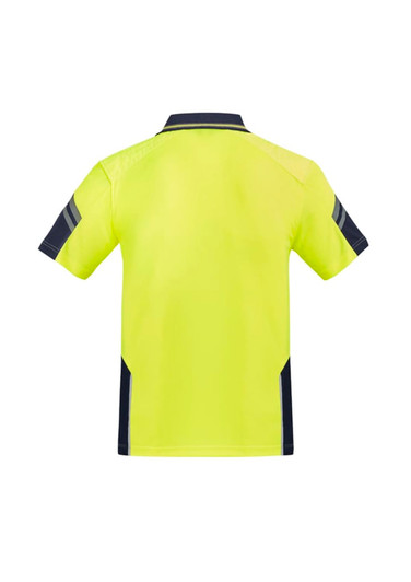 A high-visibility yellow short sleeve polo shirt with navy blue accents and a logo on the front.
