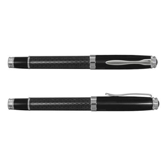 A sleek black rolling ball pen with a carbon fibre grip and chrome accents, featuring a polished clip and branding.