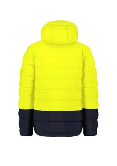 A unisex hooded puffer jacket in bright yellow and navy, featuring a logo on the sleeve.