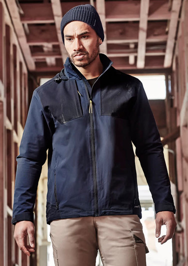 A navy unisex waterproof jacket with a zip front, featuring a logo and a fitted design.