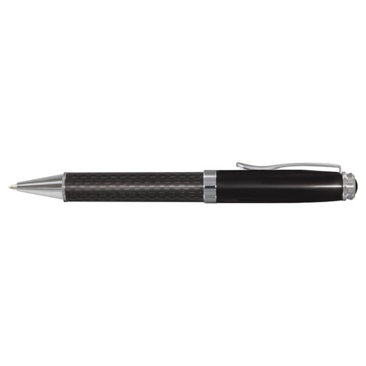 A metal ball pen in black with silver accents, featuring a streamlined design and a clip.