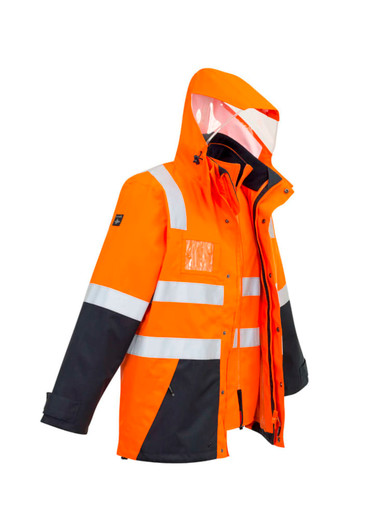 A men's hi-vis waterproof jacket in orange and black with reflective strips and a logo. Ideal for workwear.