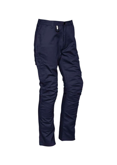 Navy rugged cargo pants with multiple pockets, featuring a logo on the waistband. Ideal for outdoor activities.
