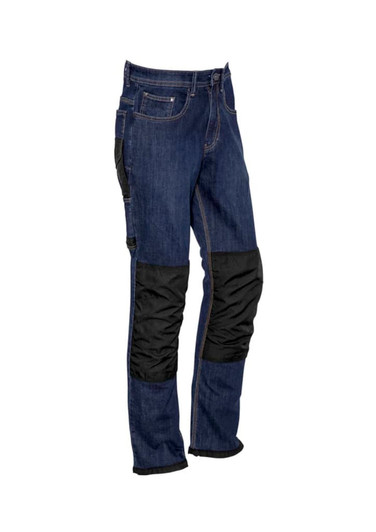 Men's CORDURA® stretch denim work jeans in dark blue with black knee panels and pockets. Suitable for workwear.