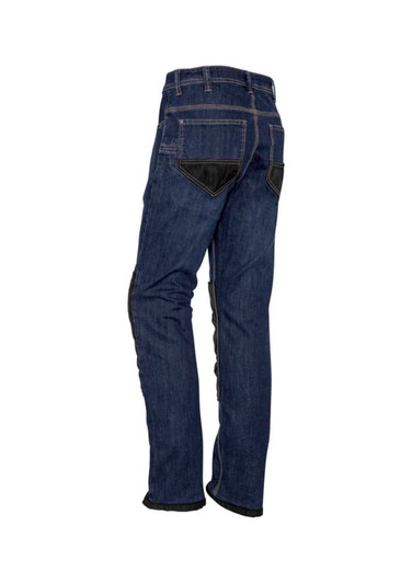 Mens CORDURA® stretch denim work jeans in dark blue, featuring a black panel and a logo on the back.