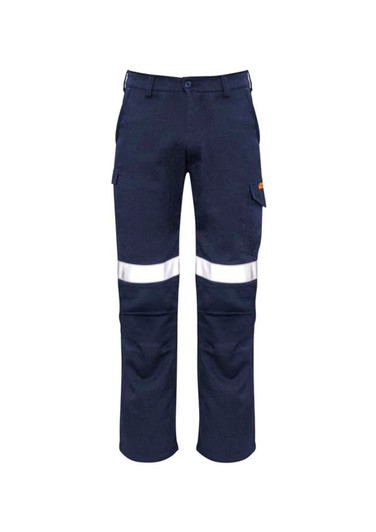Navy cargo pants featuring reflective stripes and side pockets, with an orange logo on the side.